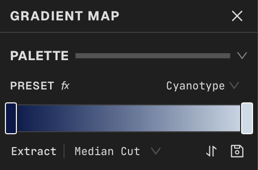 Gradient Map palette ramp with preset, Extract, algorithm, invert and save