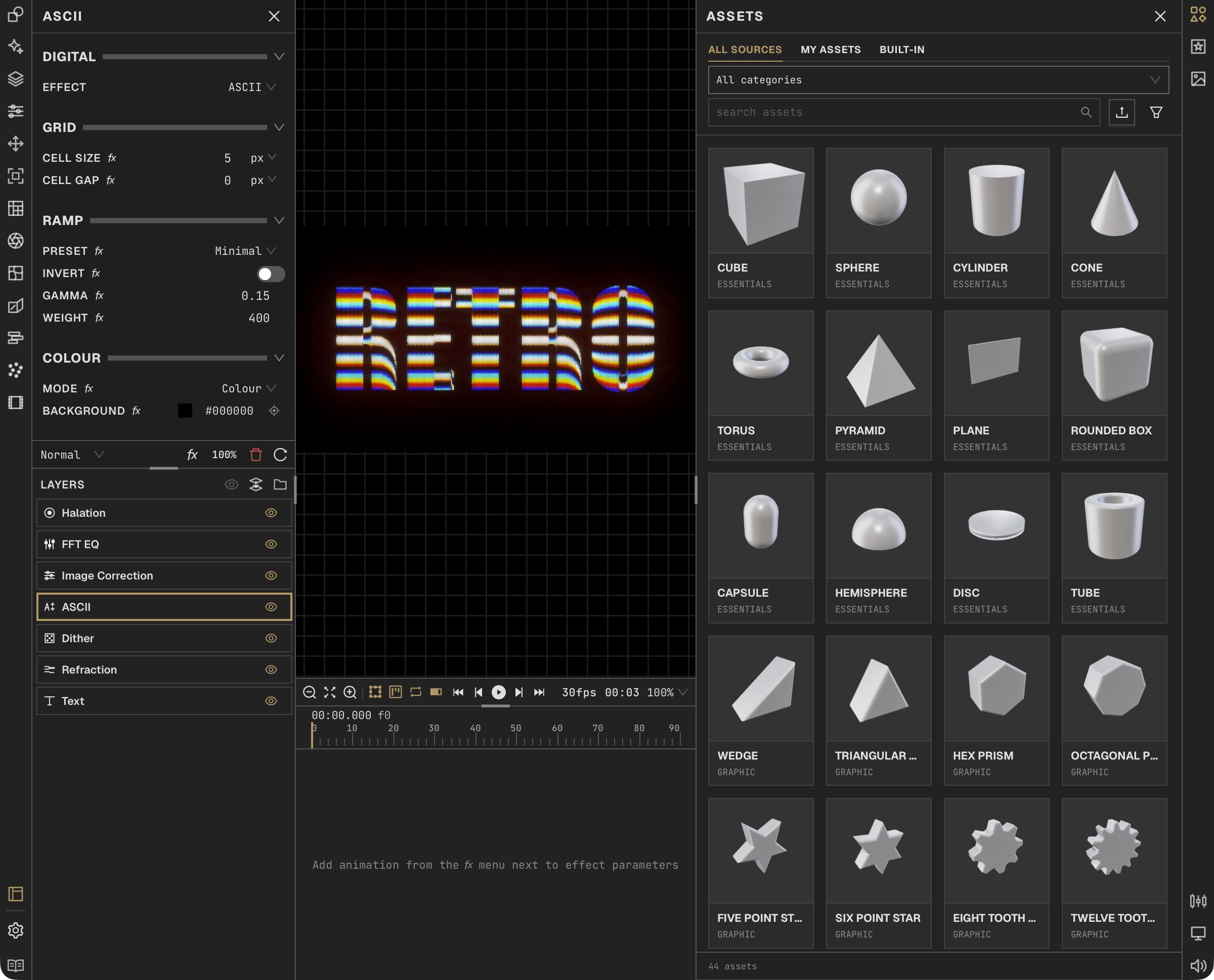 Workspace with Effect Panel, Layers, composition, Assets and timeline