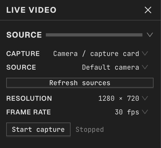 Live Video capture type, source, resolution, frame rate and Start capture