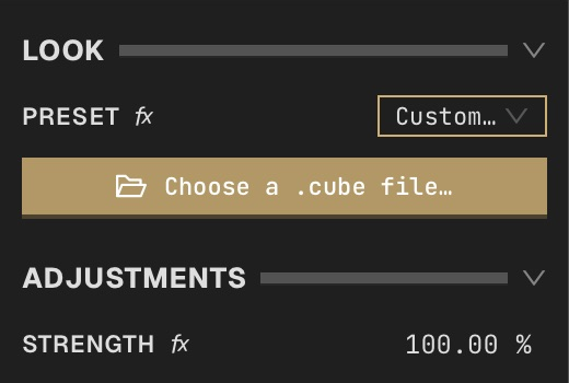 Custom LUT preset with Choose a .cube file and Strength