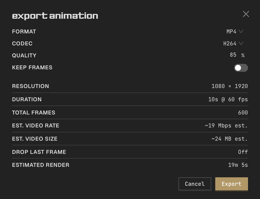 Animation export format, codec, quality and frame details